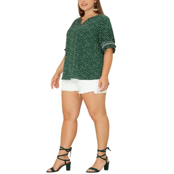 Plus Size Top for Women Pin Dots Boho Smocked Short Sleeves Blouses Green - Picture 2 of 6